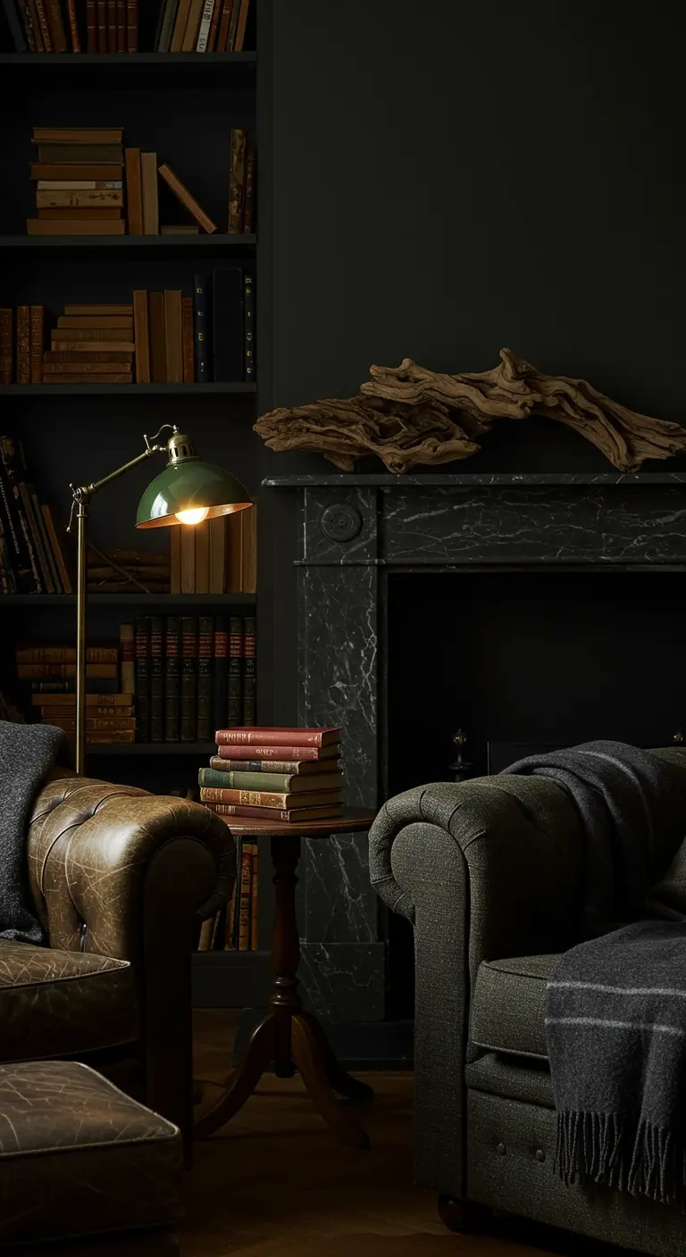 Bibliothèque sombre avec fauteuils en cuir et une lampe de lecture.