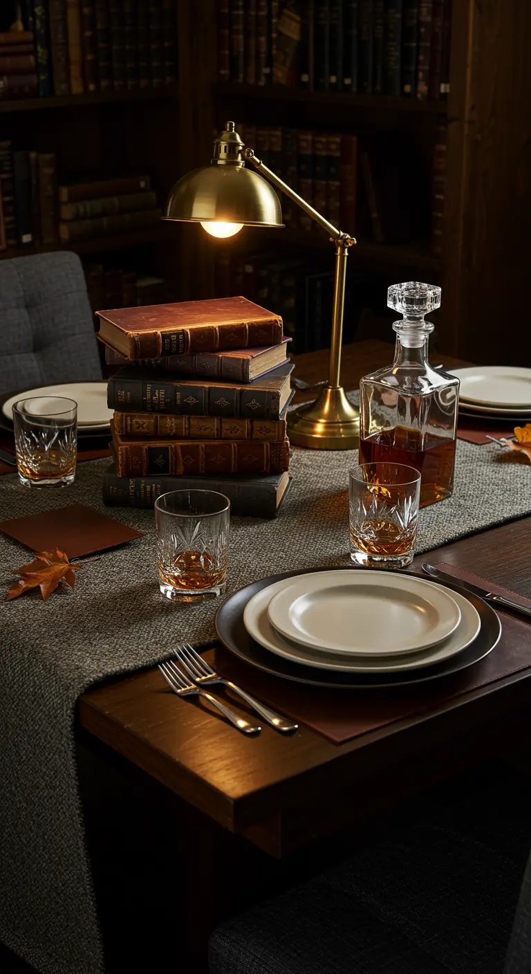 Table de style bibliothèque avec une pile de livres anciens, une carafe de whisky et une lampe en laiton.