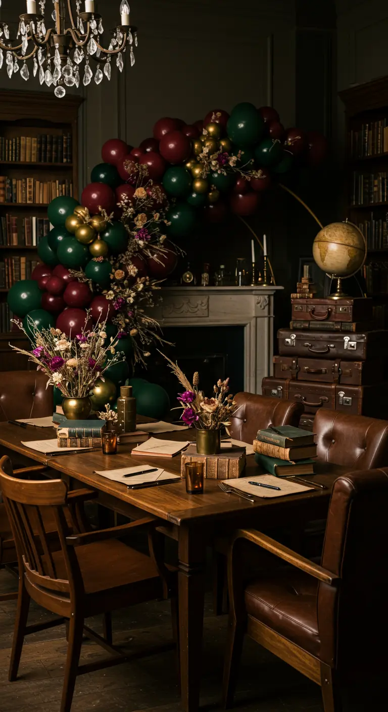 Salle de réception ambiance bibliothèque avec ballons bordeaux et verts, globes et valises.