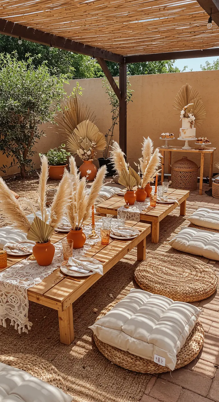 Fête bohème en extérieur avec tables basses, coussins, herbe de la pampa et feuilles de palmier séchées.