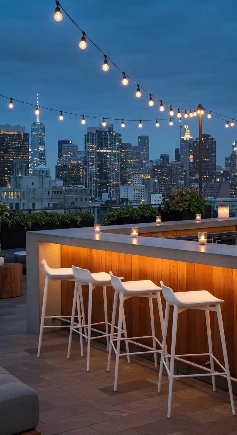 Bar de toit en bois et béton avec tabourets blancs et vue sur la ville la nuit.