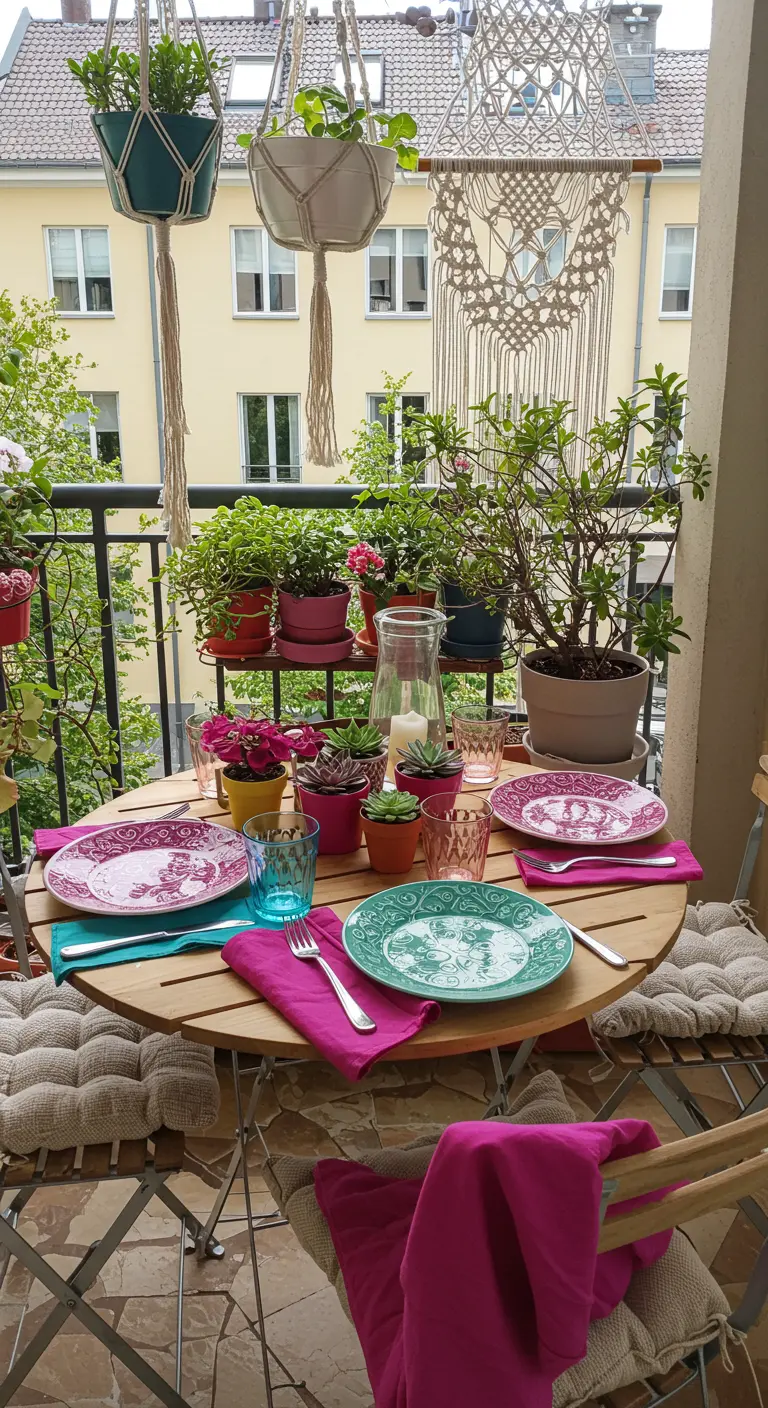 Balcon décoré avec des plantes, du macramé et une table dressée avec des assiettes roses et turquoises.