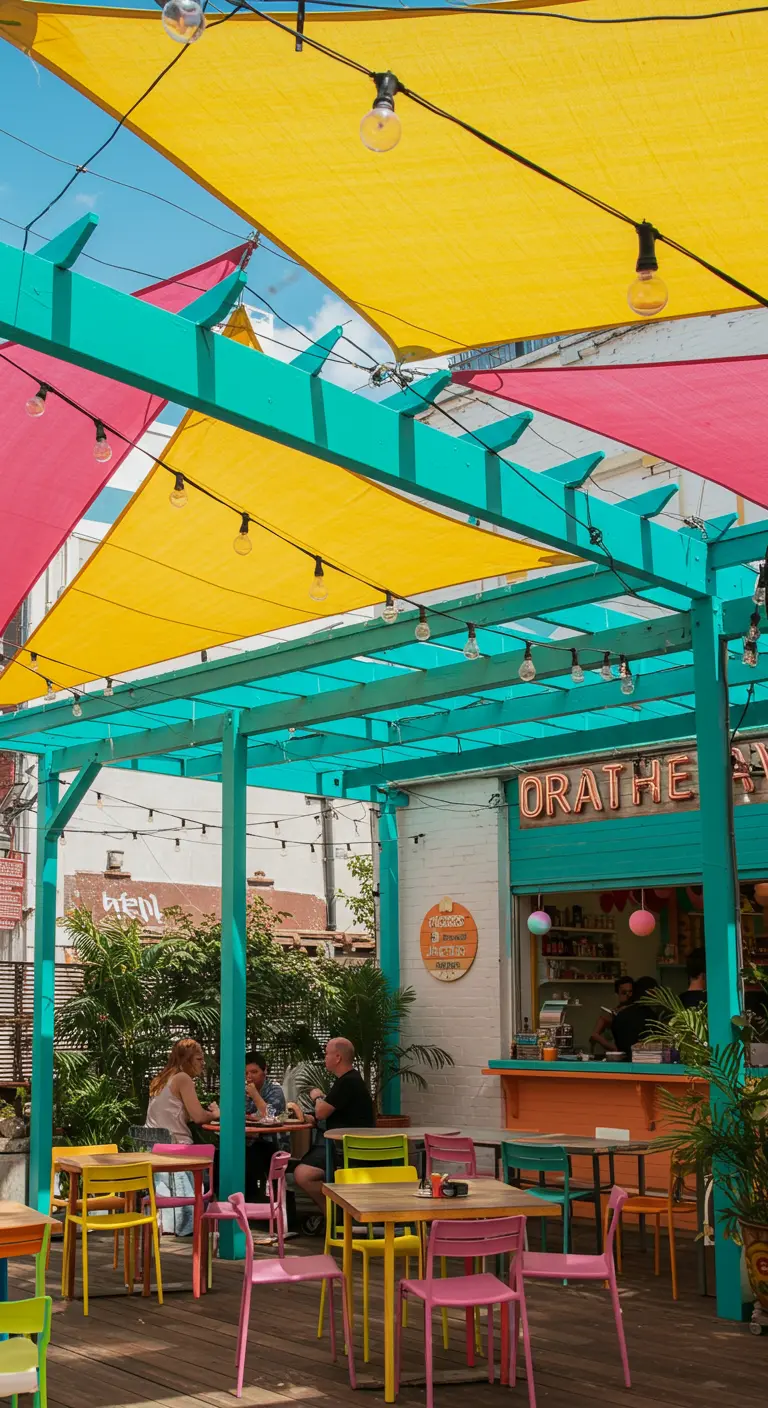 Patio de café avec une pergola turquoise et des voiles d'ombrage jaunes et roses.