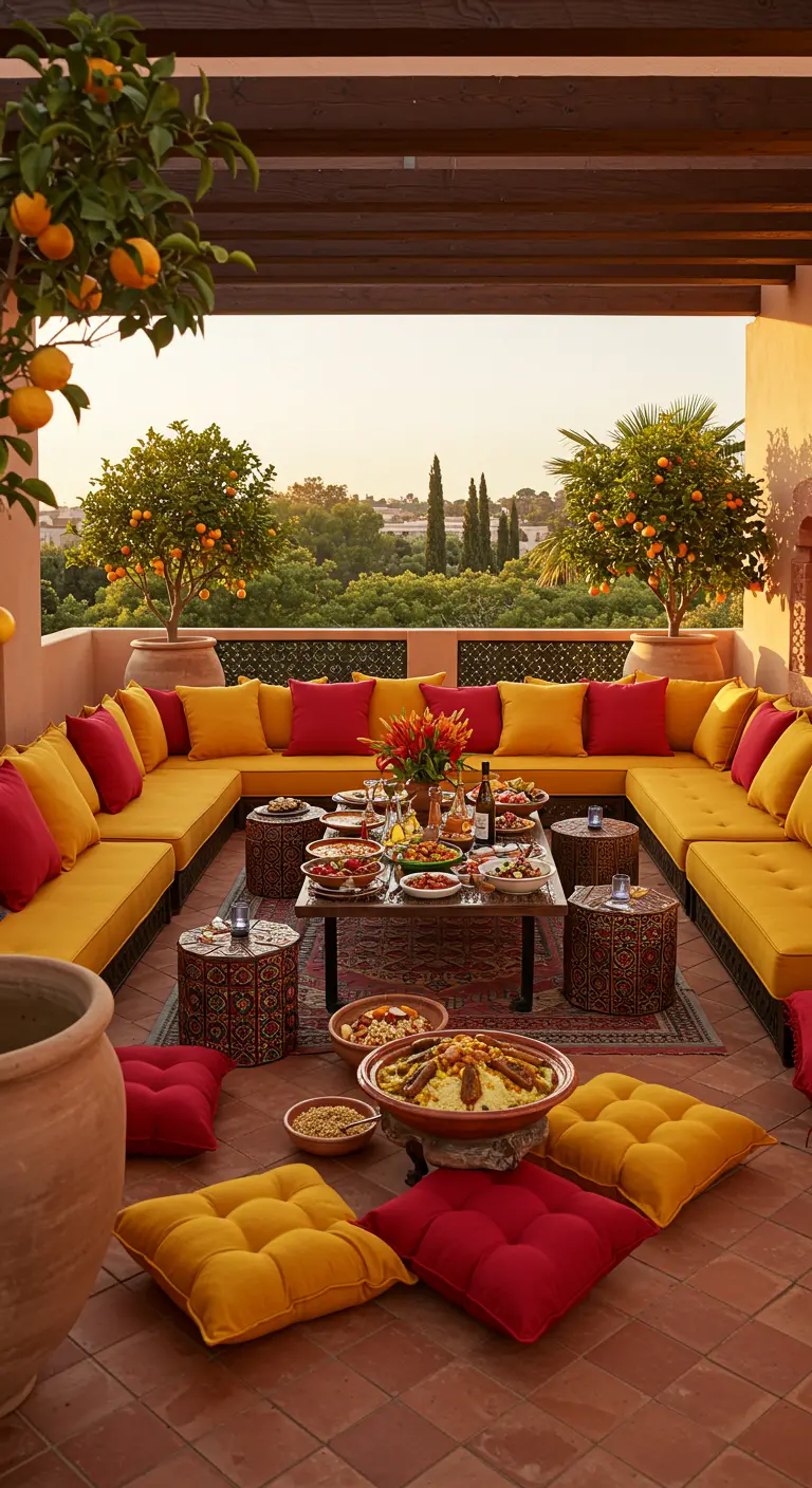 Terrasse ensoleillée avec banquettes et coussins jaunes et rouges, et des orangers.