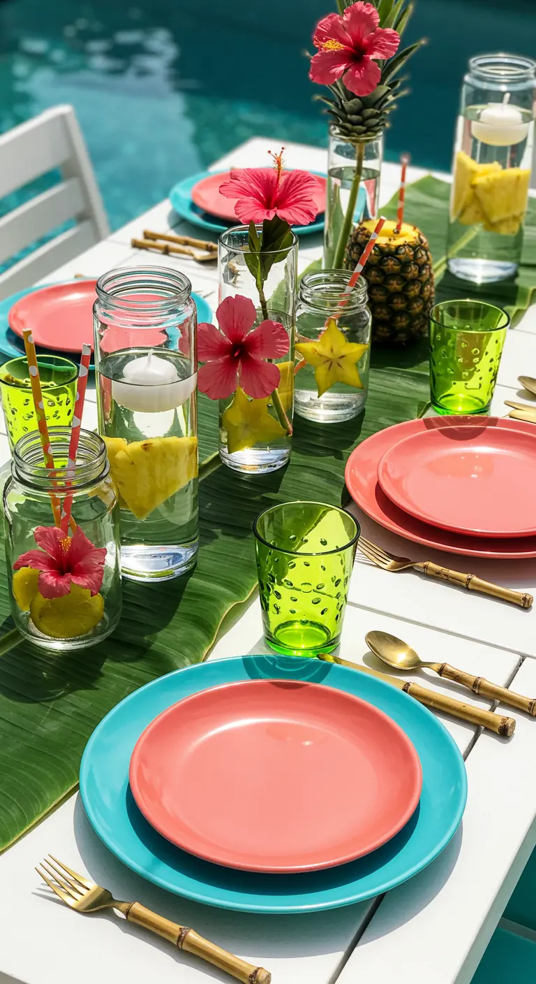 Table au bord de la piscine avec vases de fleurs d'hibiscus, ananas et fruits exotiques.