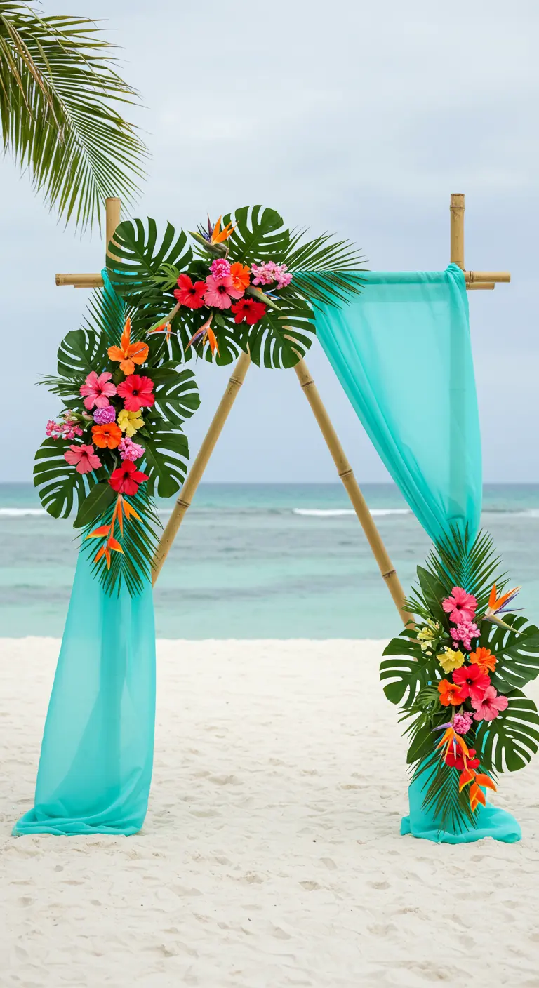 Arche de mariage en bambou sur la plage avec fleurs tropicales et drapé turquoise.
