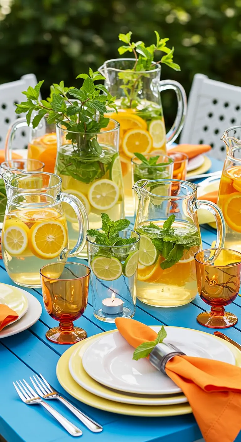 Table estivale avec pichets d'eau infusée aux agrumes et menthe, bougie flottante.