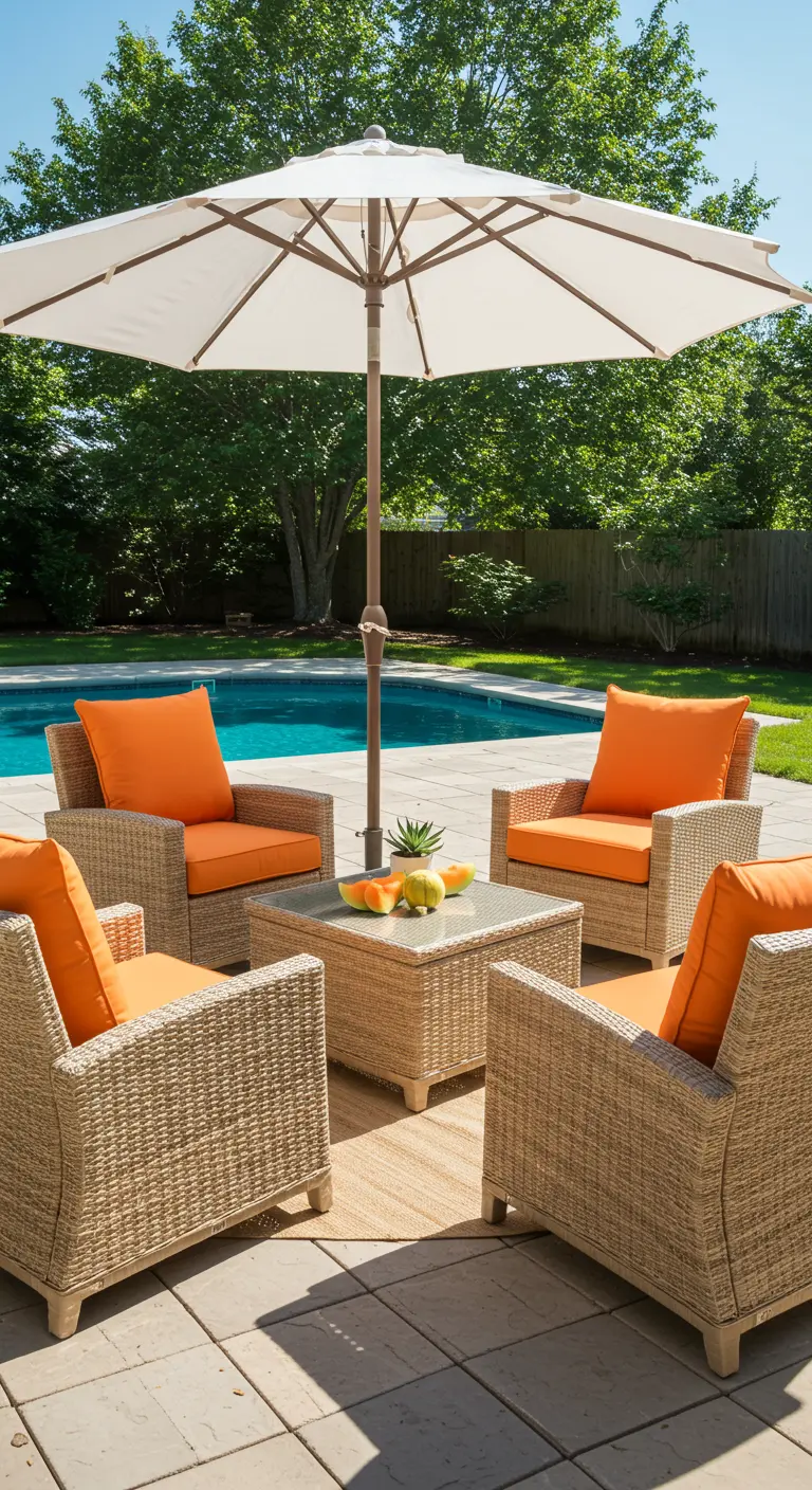 Quatre fauteuils en rotin clair avec des coussins orange vif autour d'une table basse, au bord d'une piscine.