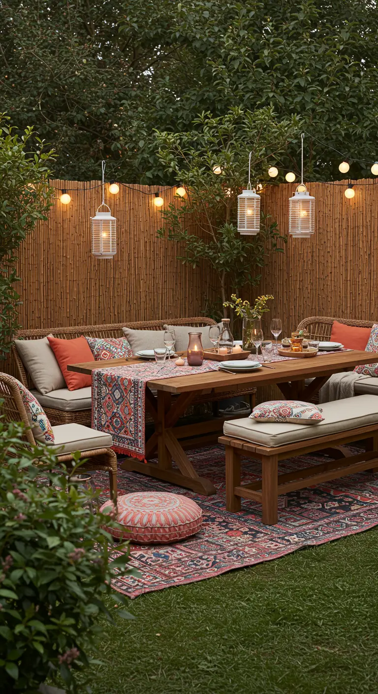 Coin repas bohème dans un jardin avec tapis, coussins et guirlandes.