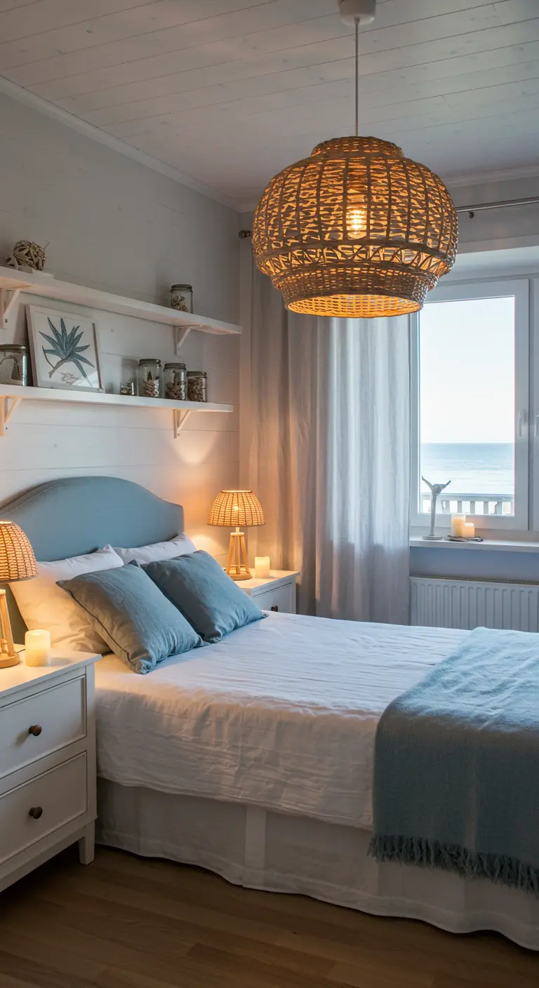 Chambre de style côtier avec lit bleu et blanc, suspension en osier, lampes de chevet tressées et vue sur mer.