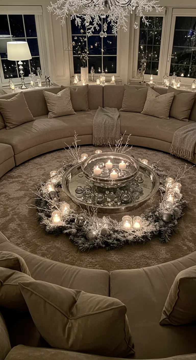 Centre de table rond avec bougies flottantes et couronne dans un salon.