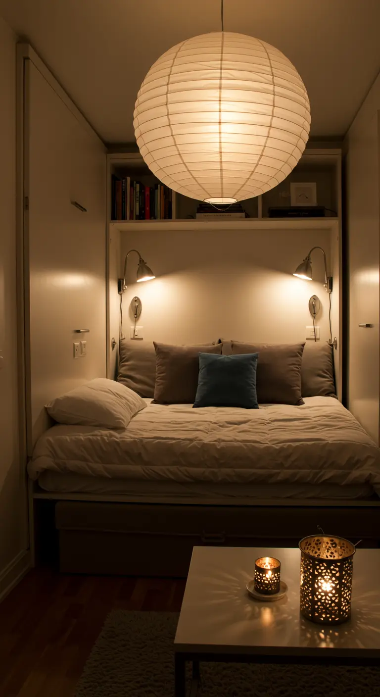 Petite chambre compacte avec lit encastré, suspension en papier de riz, appliques murales et lanterne sur table basse.