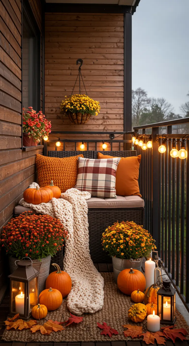 Balcon décoré pour l'automne avec des citrouilles, des chrysanthèmes et des plaids.