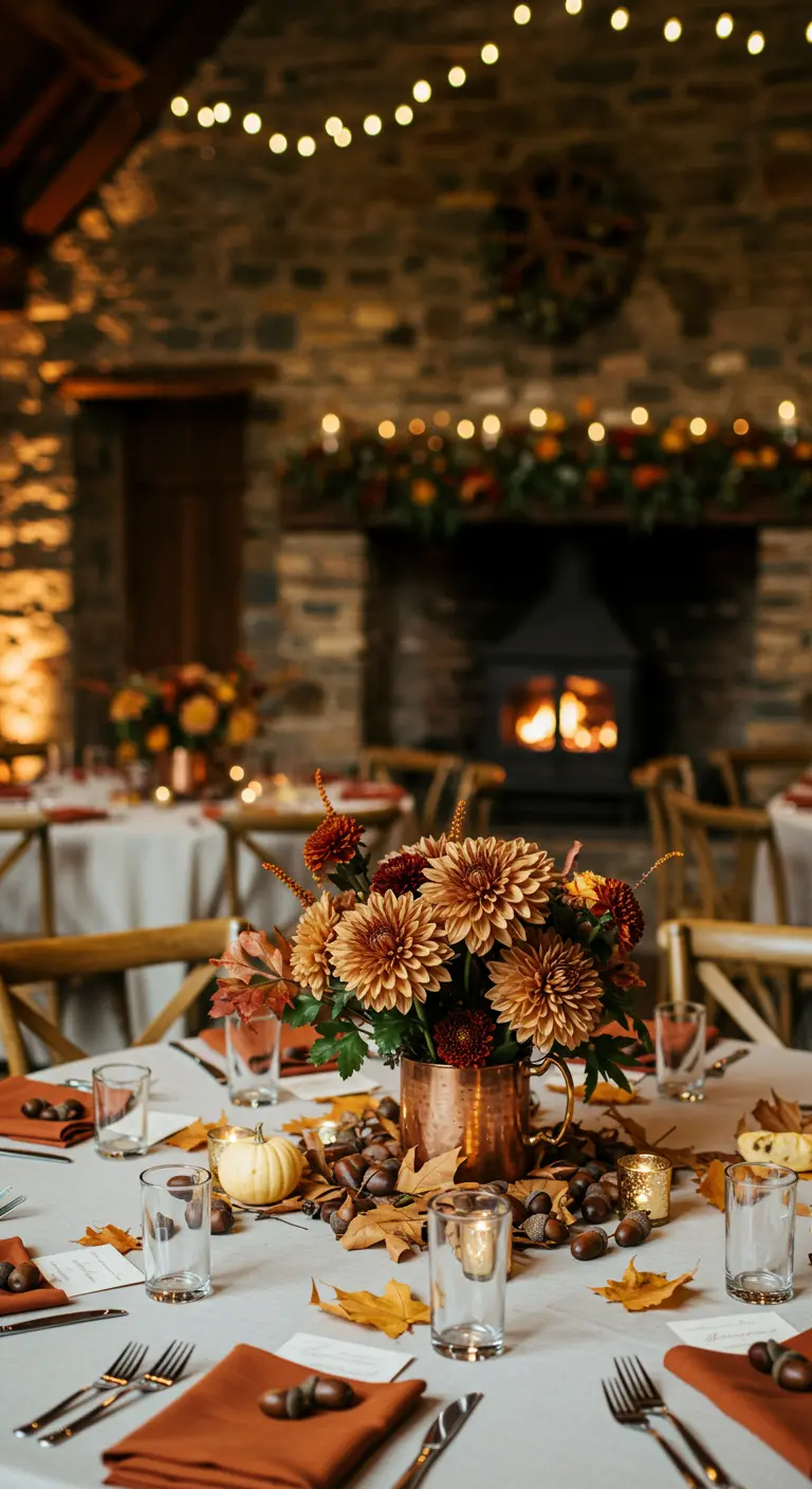 Centre de table automnal avec des dahlias dans un pot en cuivre, près d'une cheminée.