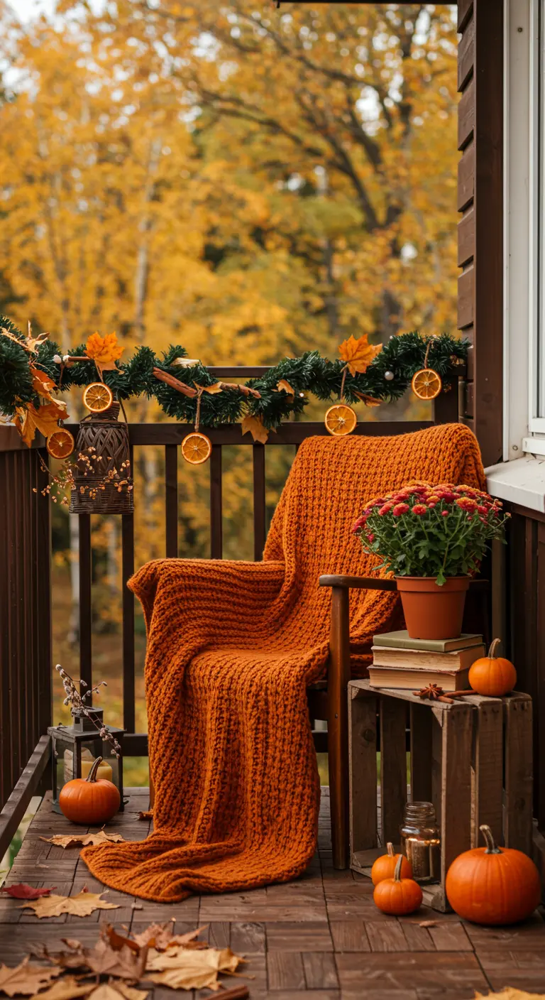 Fauteuil avec plaid orange, citrouilles et chrysanthèmes sur un balcon.