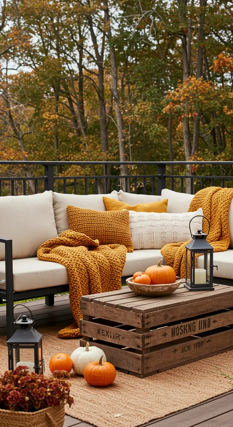 Canapé d'extérieur décoré pour l'automne avec des plaids, des citrouilles et des lanternes.