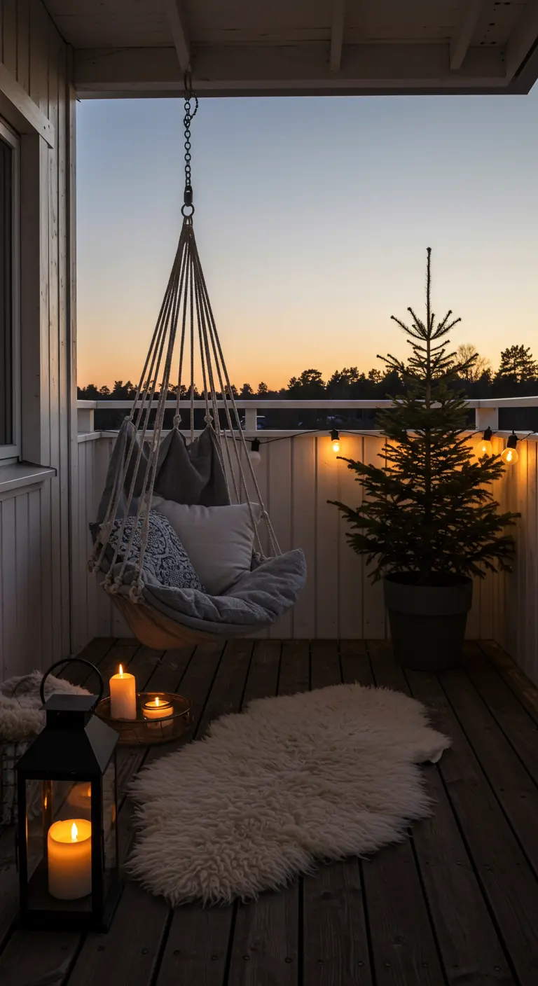 Fauteuil-hamac avec des plaids sur un balcon en bois en hiver.