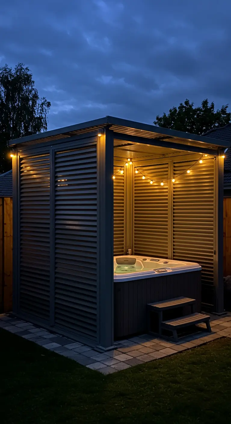 Jacuzzi abrité sous une pergola noire à parois persiennes, éclairé par une guirlande.
