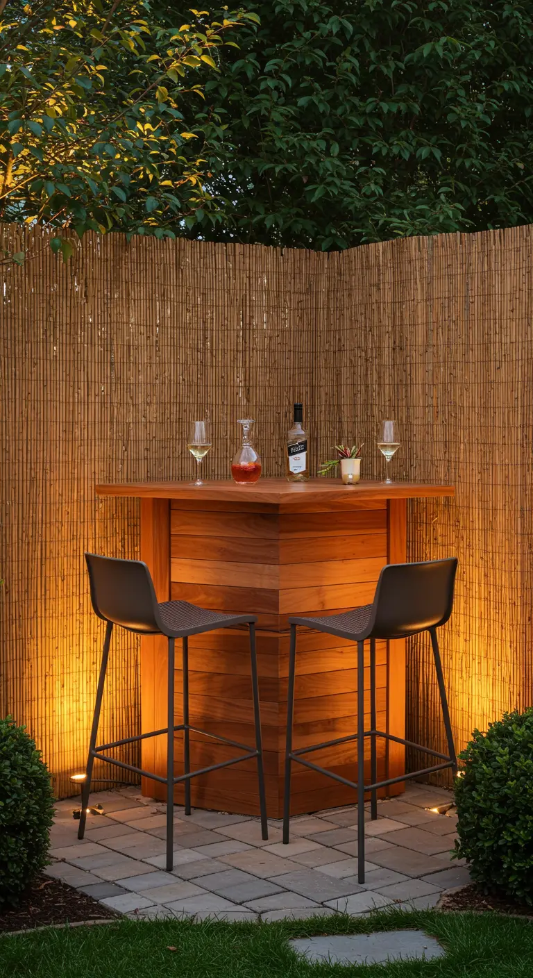 Petit bar en bois pour deux personnes devant une clôture en bambou éclairée.