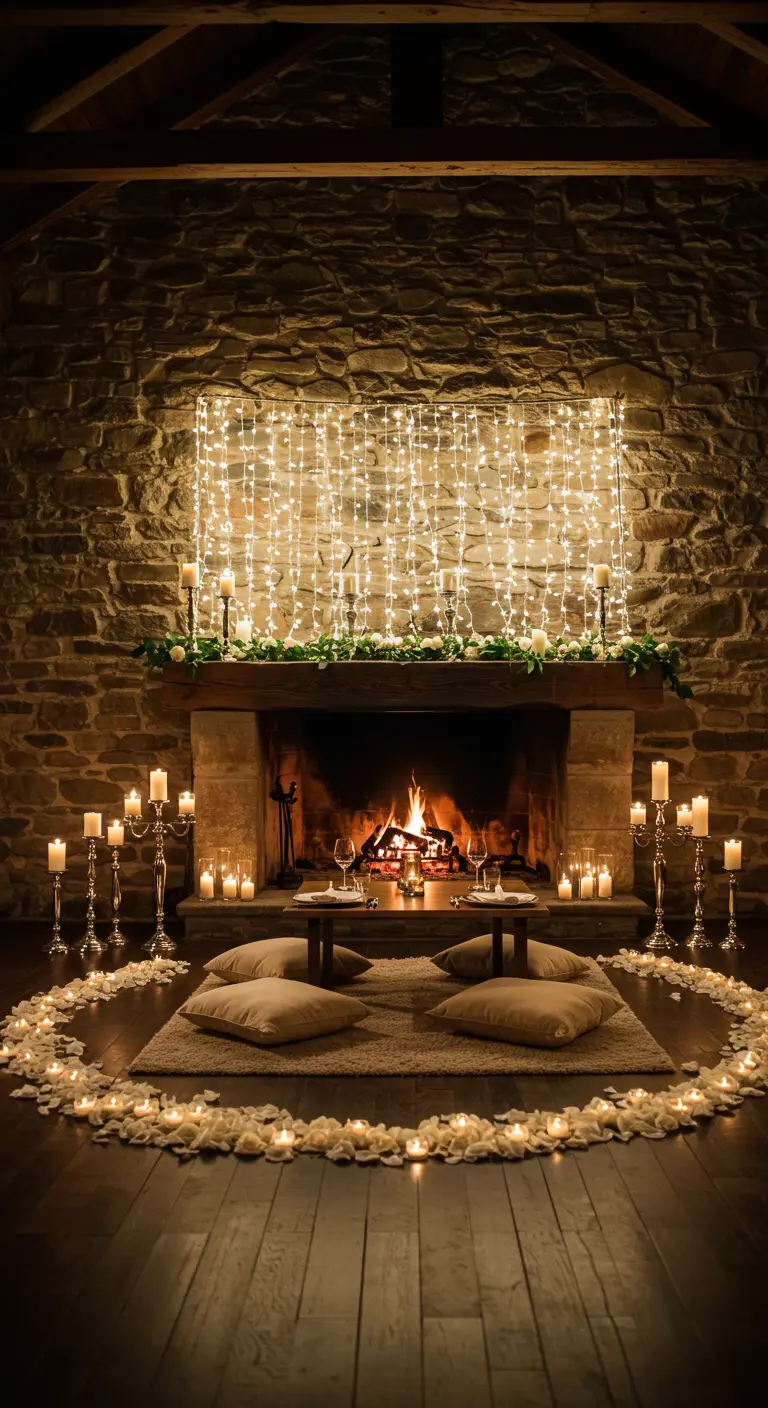 Dîner romantique au sol devant une cheminée, avec un rideau lumineux.