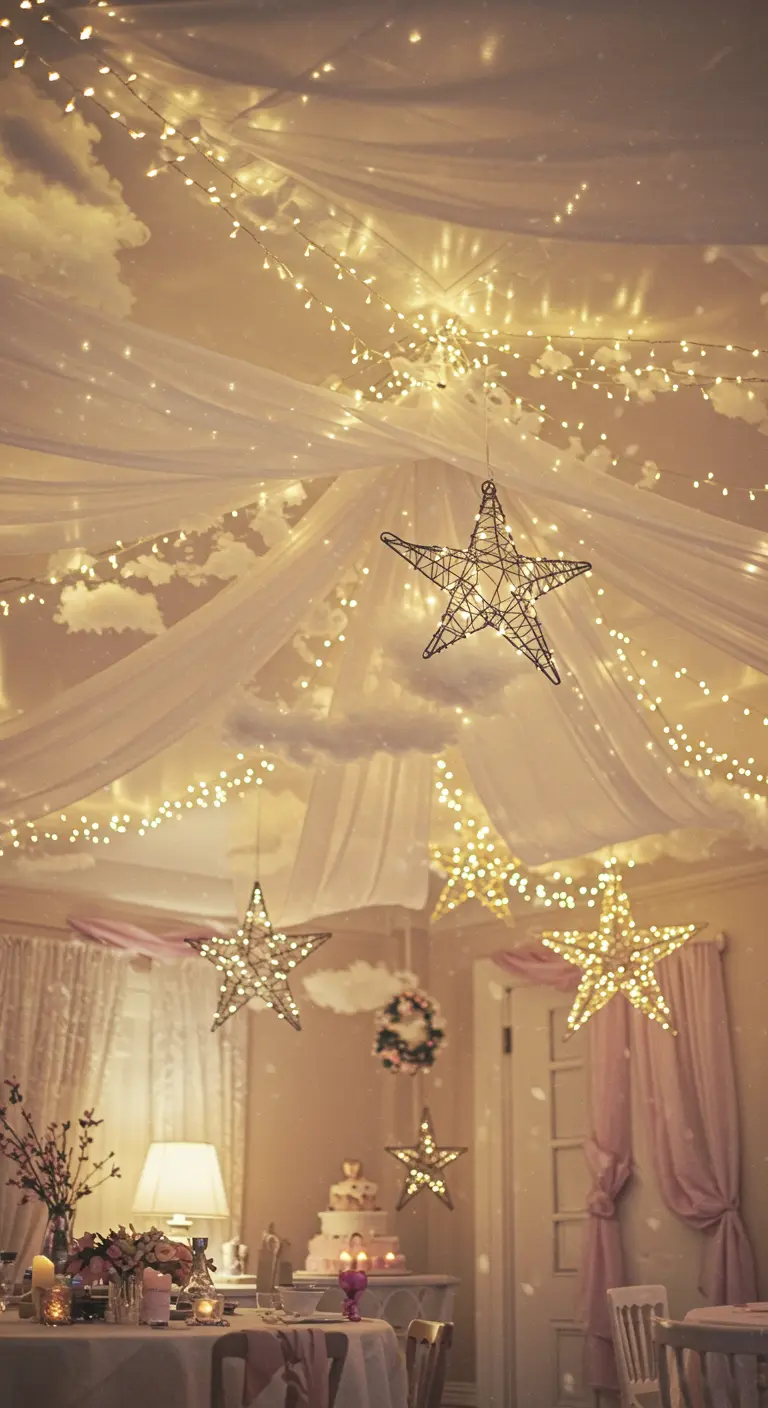 Plafond drapé de tulle blanc avec des guirlandes lumineuses et des étoiles en fil de fer.
