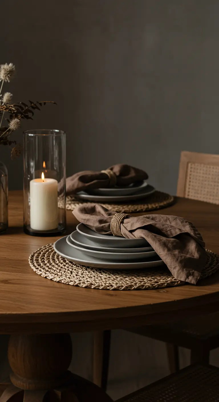 Gros plan sur une table en bois avec sets de table en rotin et serviettes en lin marron.