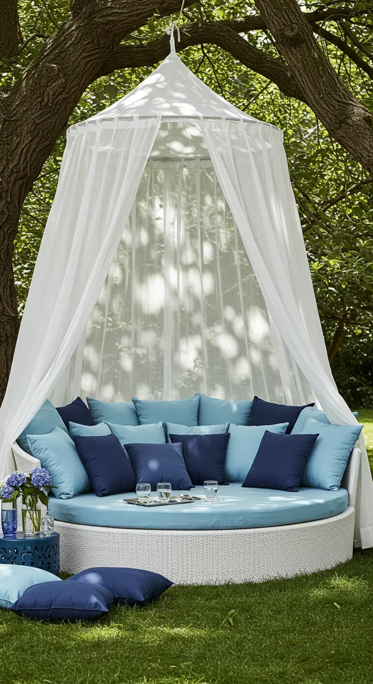 Grand lit de repos rond avec des voiles blancs et une multitude de coussins bleus, dans un jardin.