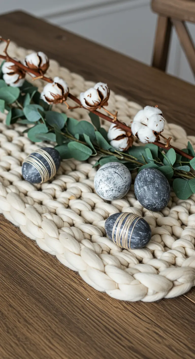 Décor de table de Pâques avec un chemin de table en grosse maille, eucalyptus et œufs gris.