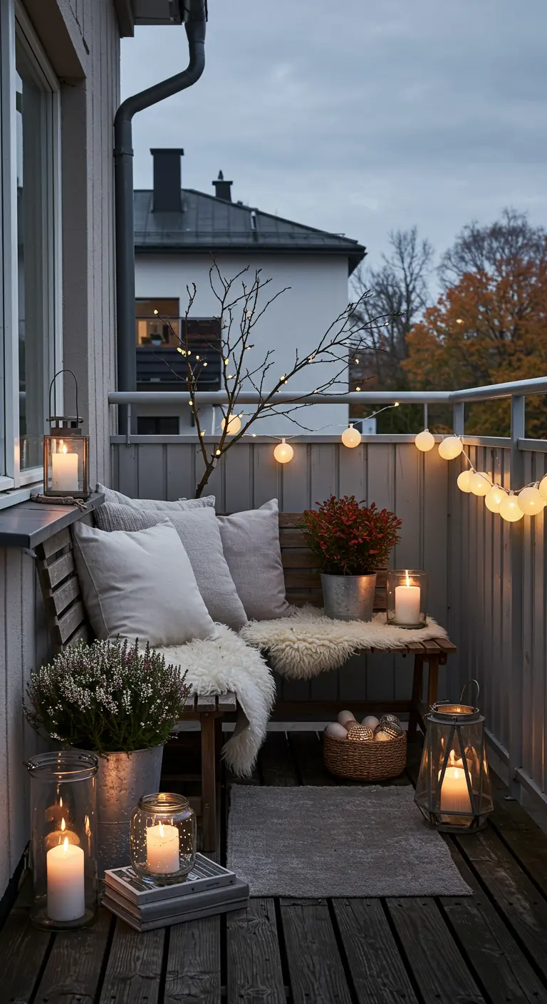 Balcon scandinave avec banc en bois, coussins blancs, peau de mouton, lanternes et guirlandes lumineuses.