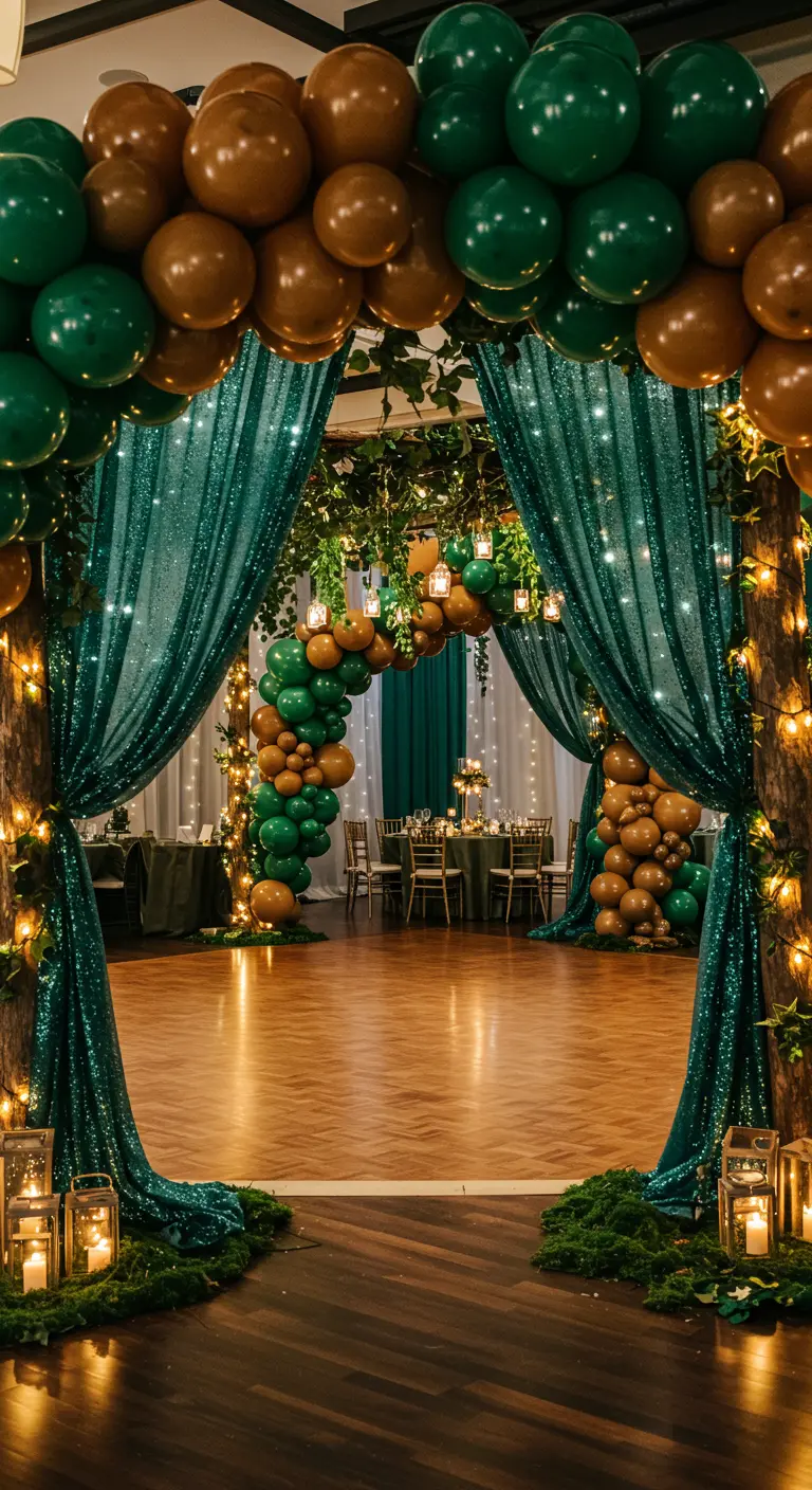 Arche de ballons verts/marrons, rideaux pailletés verts, lumières féeriques et feuillage.