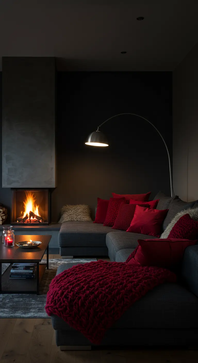 Canapé d'angle gris foncé près d'une cheminée, avec des coussins et un plaid rouge tricoté.