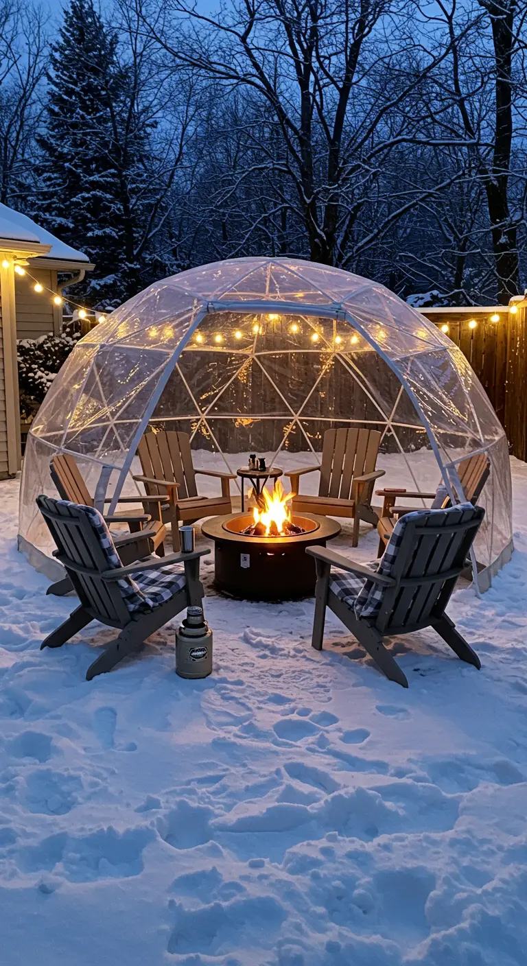 Dôme transparent en hiver avec brasero, chaises Adirondack et lumières, entouré de neige.