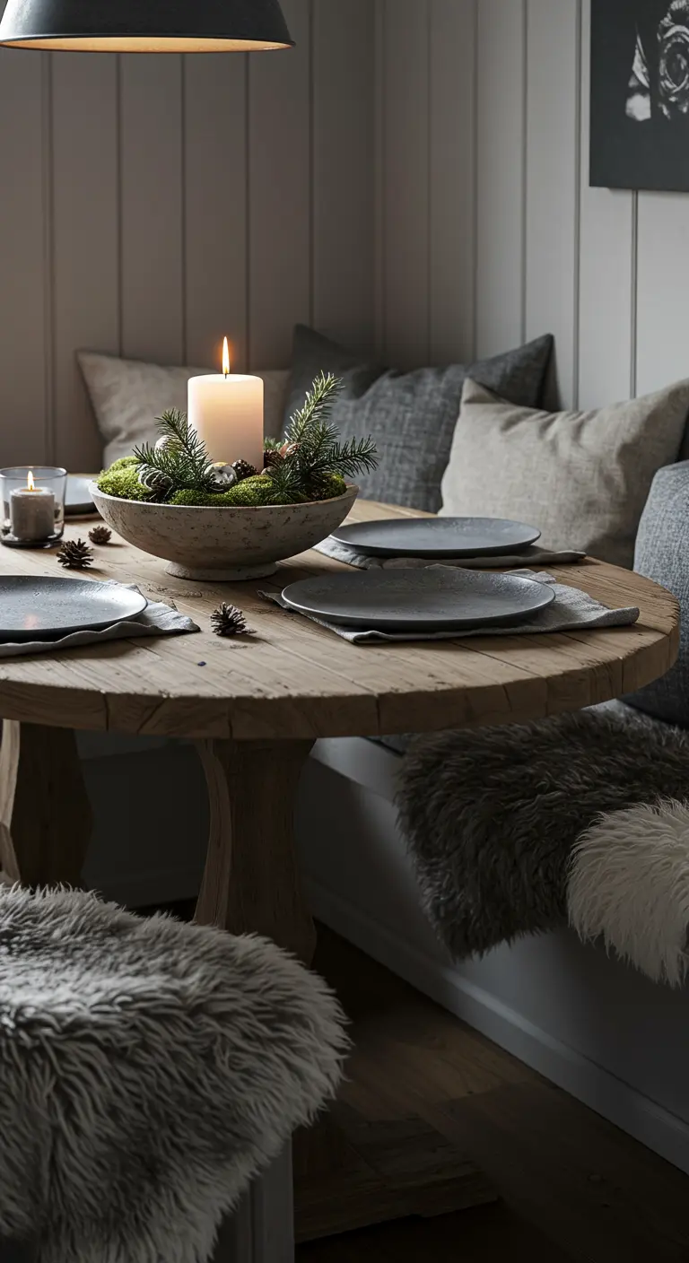 Centre de table pour coin repas avec une bougie dans un bol de mousse.
