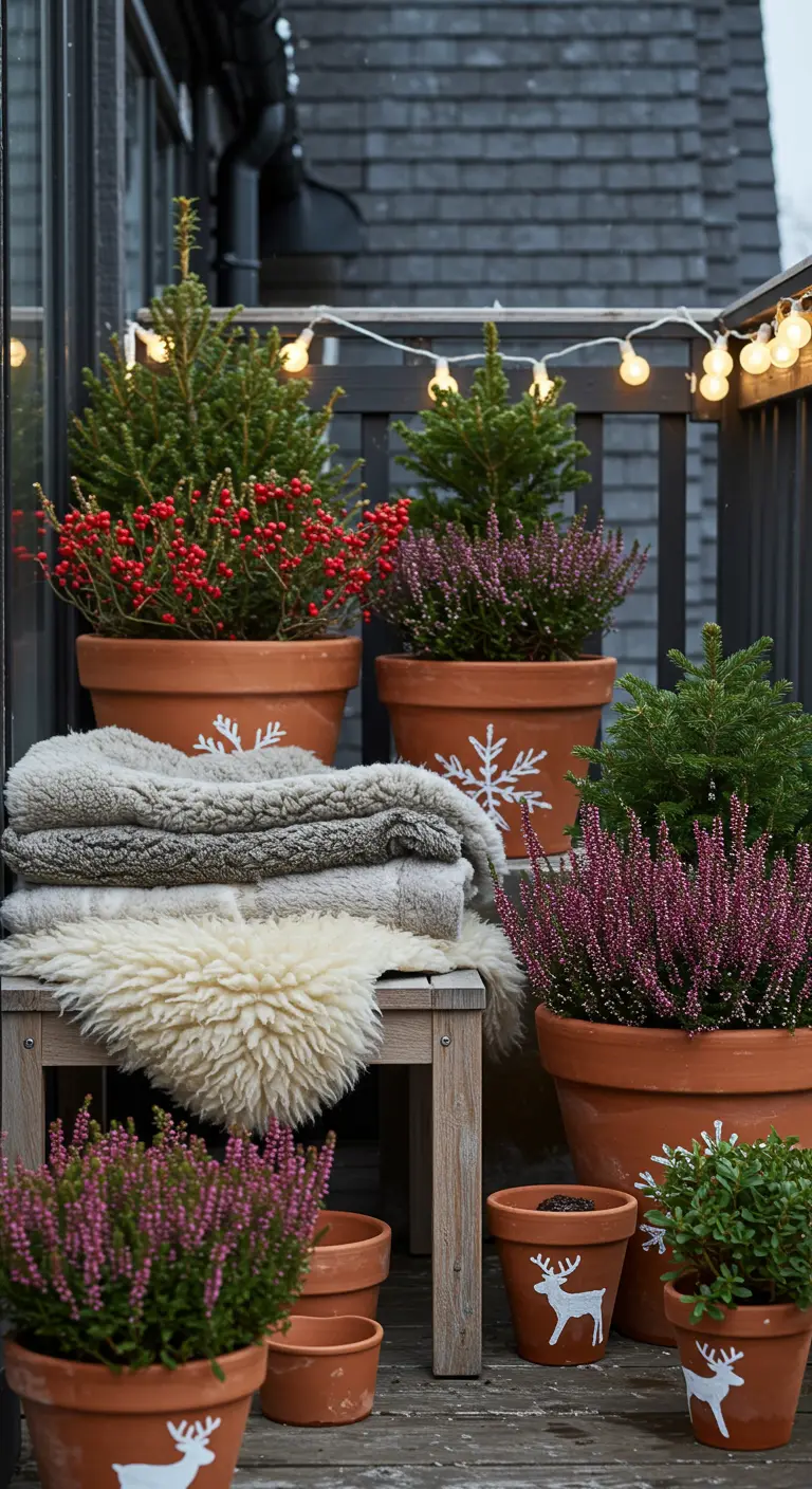 Décoration de balcon d'hiver avec des pots peints de flocons, des plaids et des conifères.