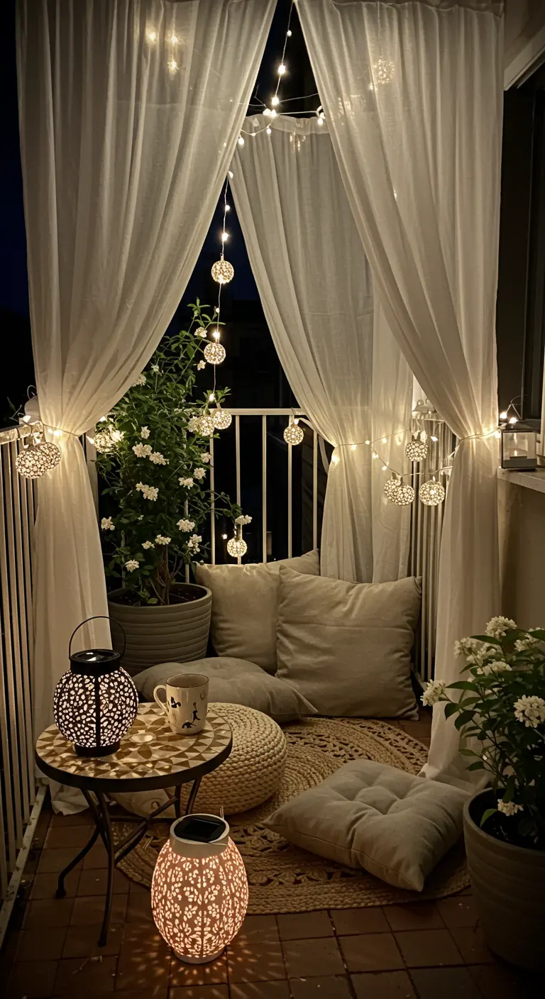 Balcon cosy avec rideaux, guirlandes lumineuses, coussins et lanternes solaires.