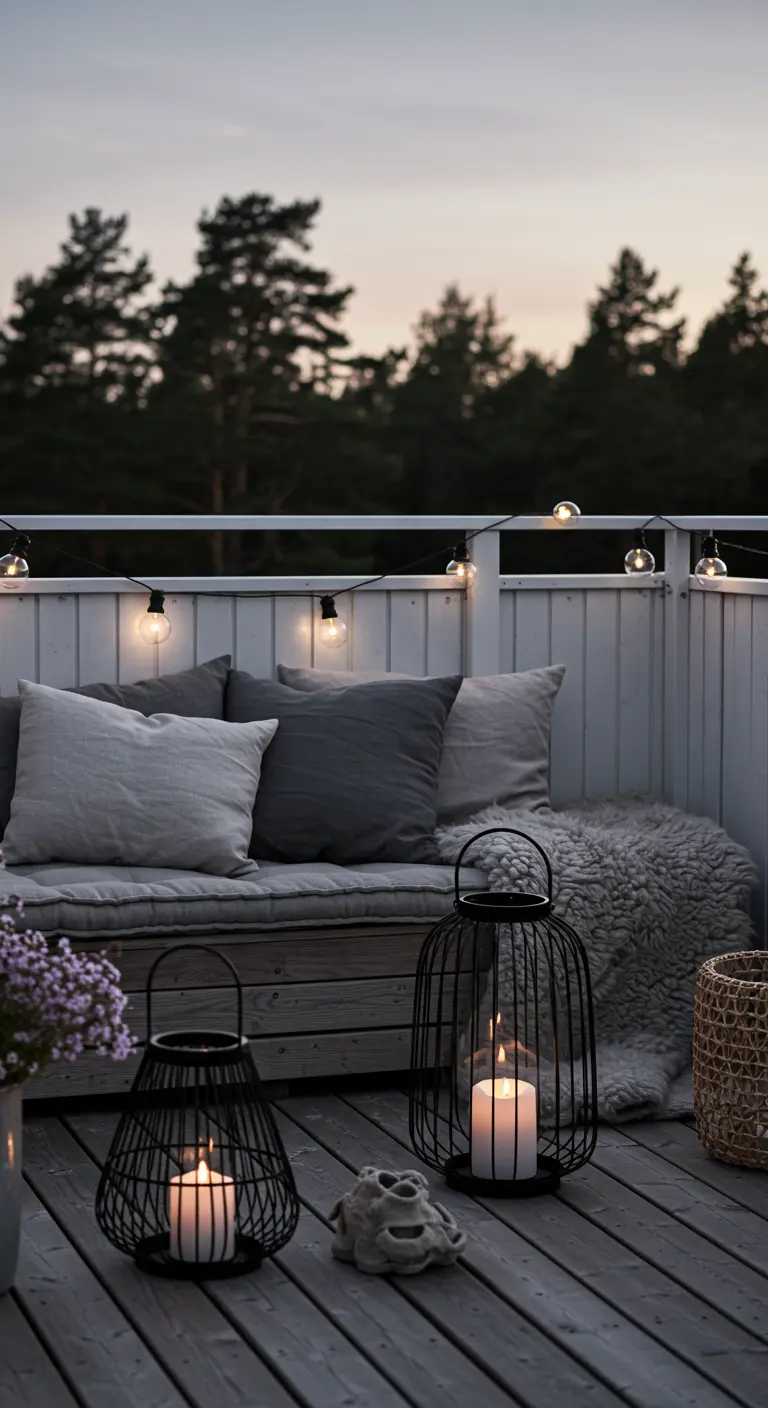 Balcon de style scandinave gris avec des lanternes noires et une peau de mouton
