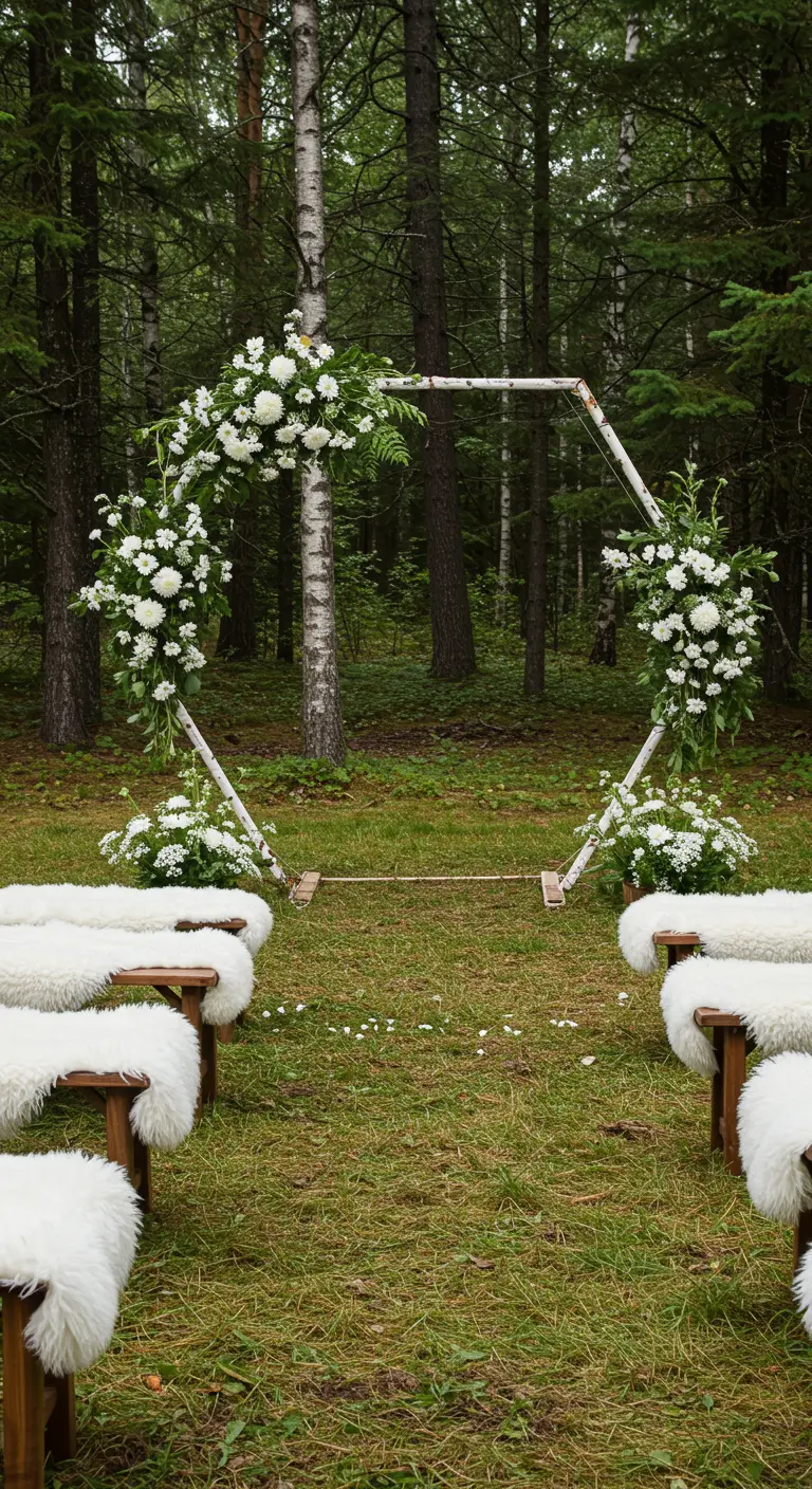 Arche hexagonale blanche dans une forêt, avec des bancs recouverts de fausse fourrure.