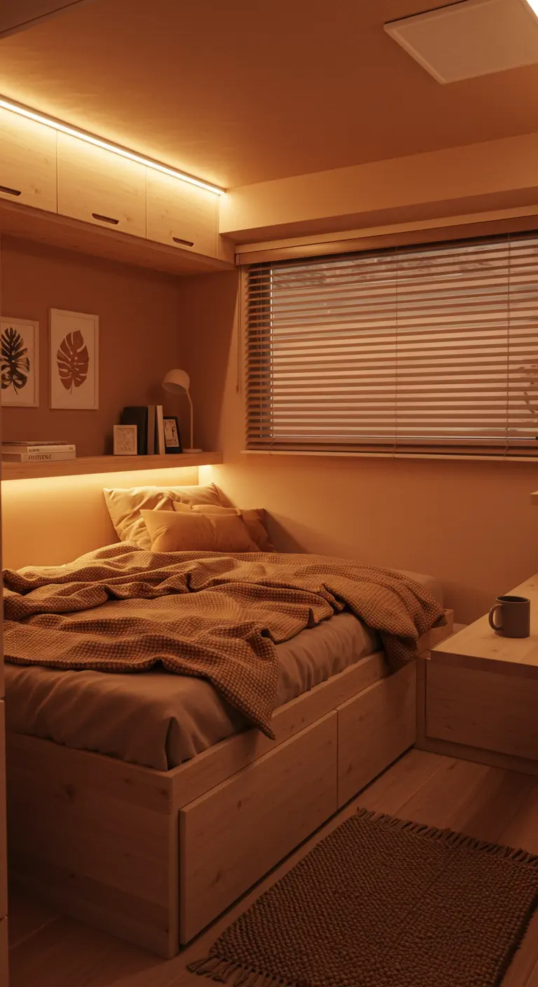 Petite chambre en bois chaleureuse avec rangements intégrés, éclairage doux et linge de lit beige.