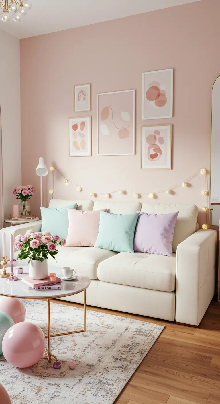 Salon rose pâle avec canapé blanc, coussins pastel, guirlande lumineuse et roses fraîches.