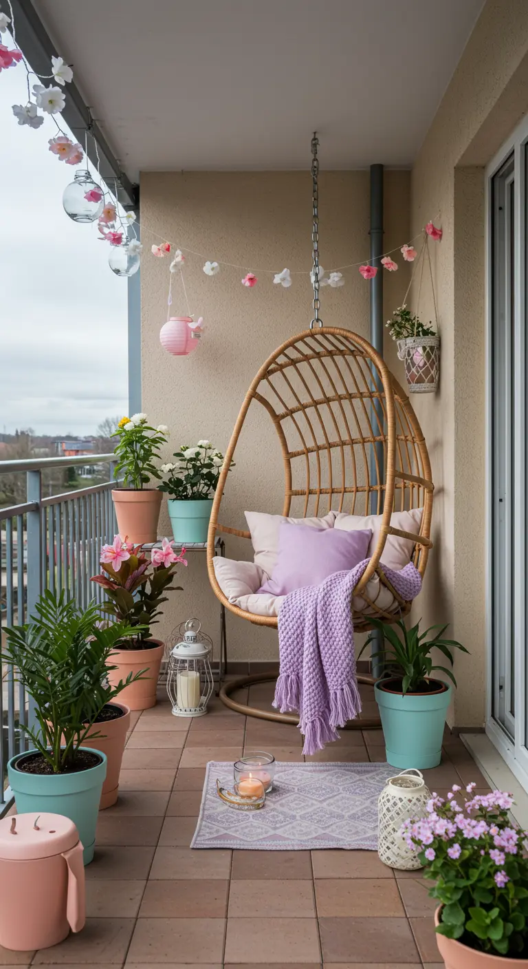 Balcon avec un fauteuil suspendu en rotin, des pots et des coussins pastel.