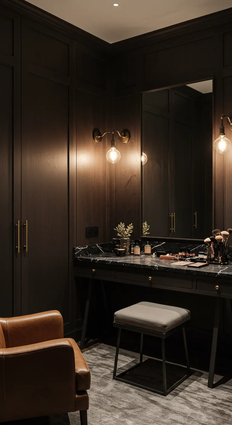 Coiffeuse bois foncé avec plateau marbre noir, appliques murales laiton, fauteuil cuir.