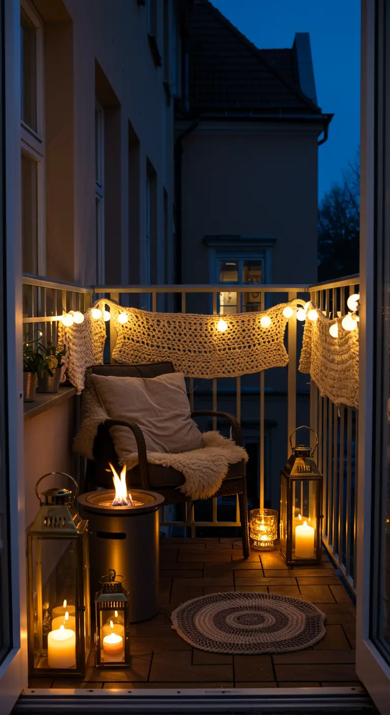 Balcon cosy le soir avec guirlandes lumineuses, lanterne et petit brasero de table.