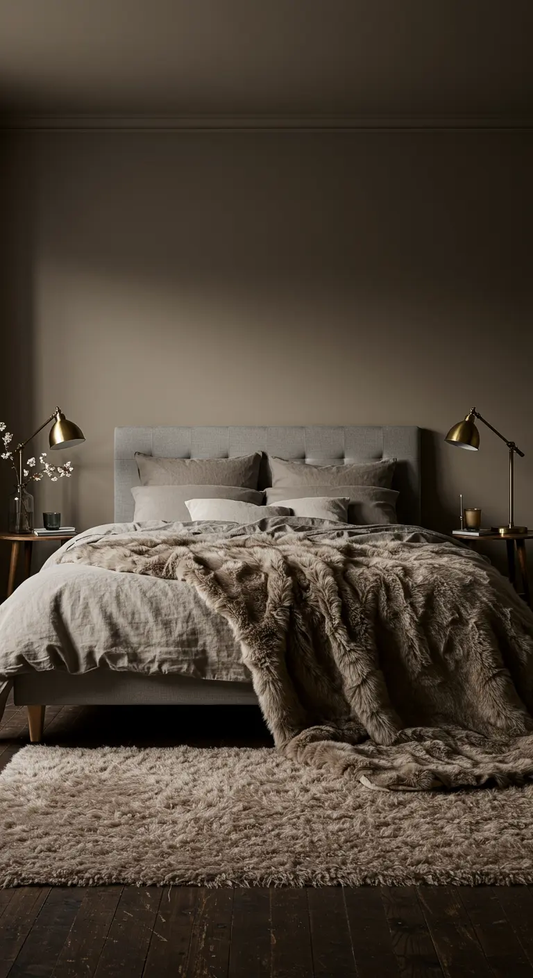 Chambre luxueuse avec murs taupe, lit confortable et un grand plaid en fausse fourrure.