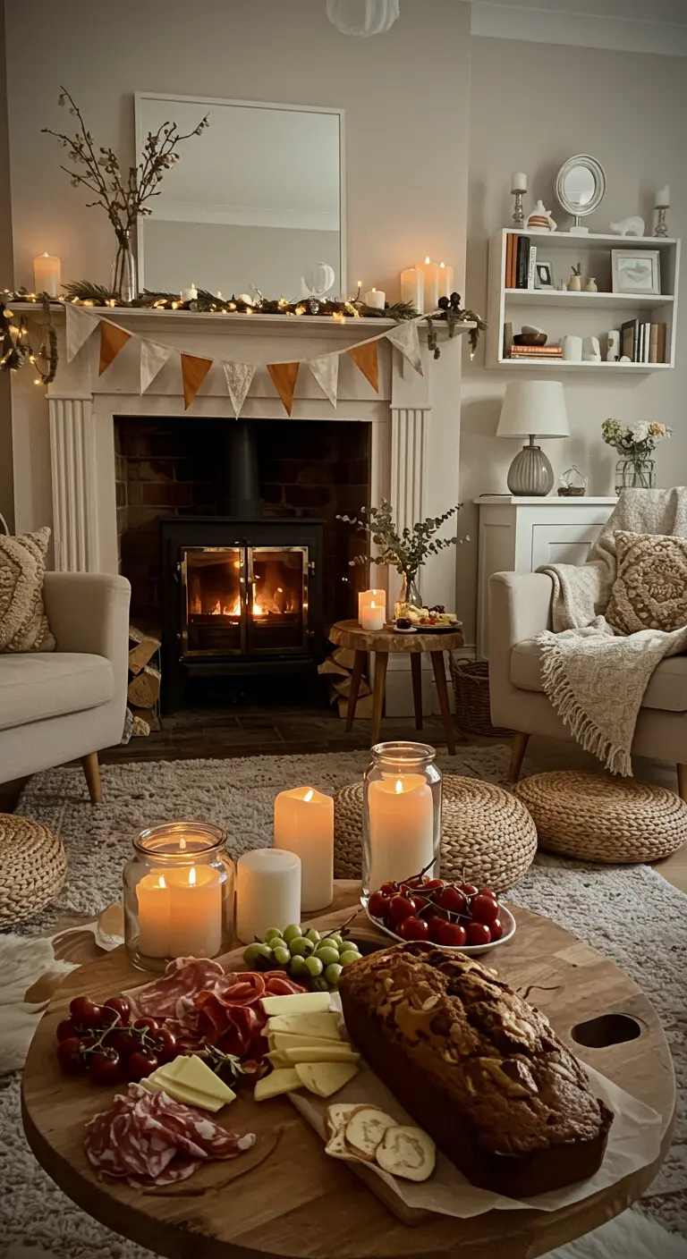 Salon chaleureux avec cheminée, guirlande en tissu, bougies et table basse garnie.