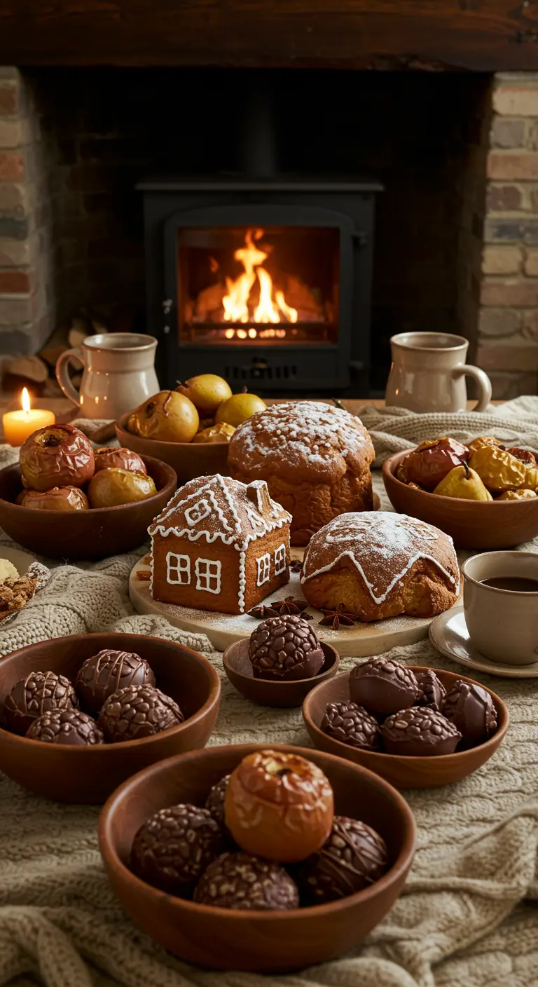Table hivernale cozy avec maison en pain d'épices, pommes au four et assortiment de chocolats.