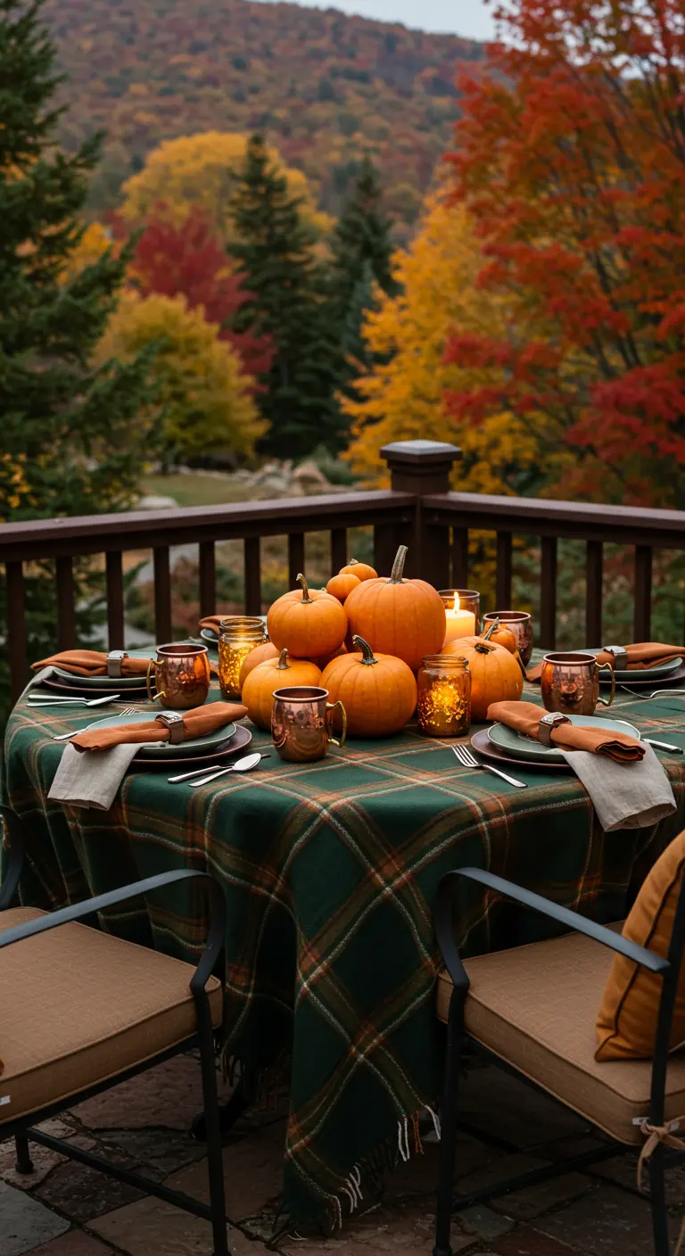 Une table d'extérieur en bois, recouverte d'un plaid vert à carreaux, ornée de citrouilles, de bougies et de tasses en cuivre.