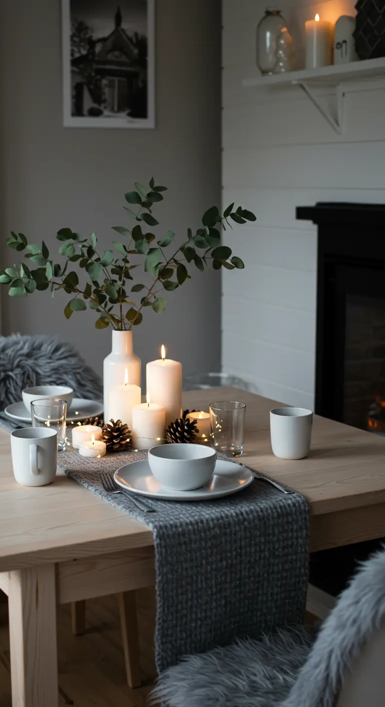 Table en bois clair avec chemin de table gris en maille, bougies blanches, pommes de pin et branche d'eucalyptus.