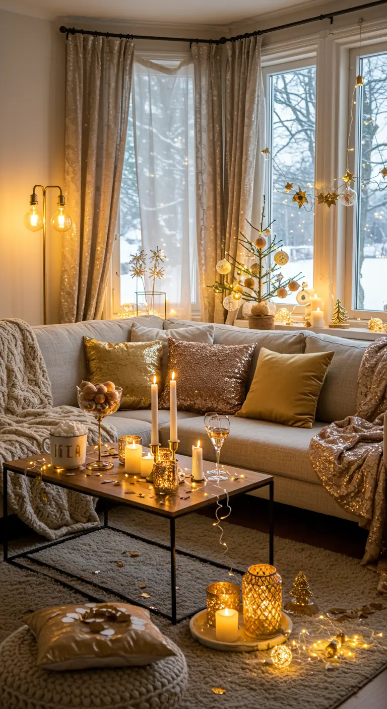 Un salon cosy avec un canapé beige, des coussins dorés et de multiples guirlandes lumineuses et bougies.