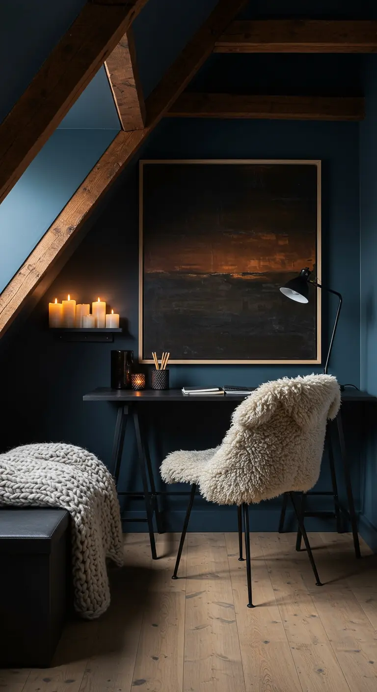 Bureau sous combles avec murs bleu nuit, chaise en fausse fourrure, plaid crème.