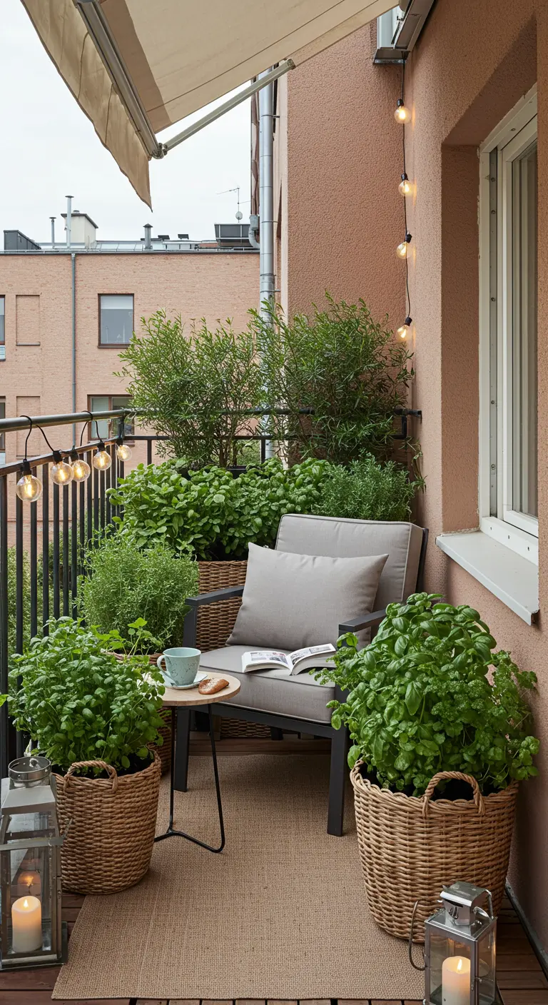 Balcon cosy avec de grands paniers tressés d'herbes, un fauteuil, une table basse et des lanternes.